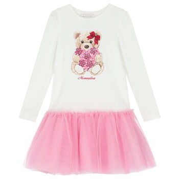 Girls White & Pink Teddy Tulle Dress